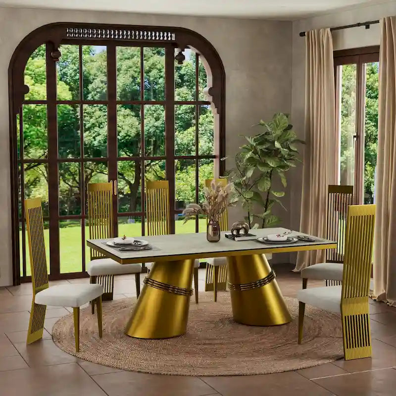 Mesa de comedor de oro cepillado con tablero de cristal de 78 pulgadas y base de barril cónico