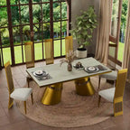 Mesa de comedor de oro cepillado con tablero de cristal de 78 pulgadas y base de barril cónico
