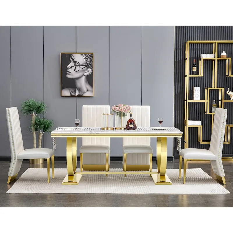 Mesa de comedor de oro cepillado con tablero de cristal de 78 pulgadas y base de barril cónico