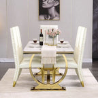 Mesa de comedor de oro cepillado con tablero de cristal de 78 pulgadas y base de barril cónico