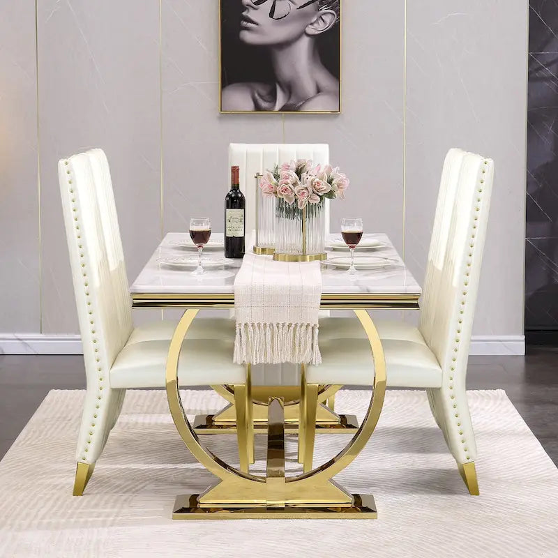 Mesa de comedor de oro cepillado con tablero de cristal de 78 pulgadas y base de barril cónico