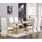 Mesa de comedor de oro cepillado con tablero de cristal de 78 pulgadas y base de barril cónico