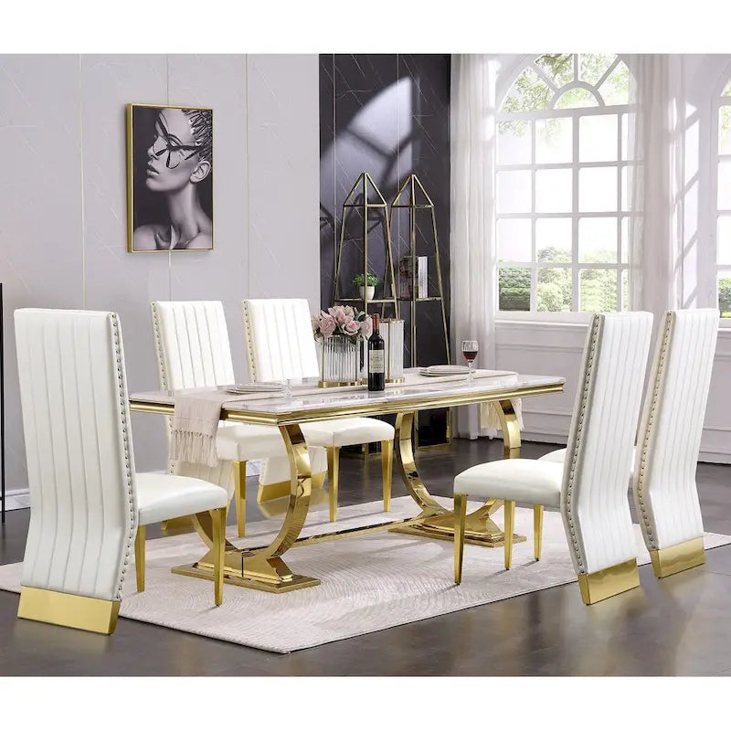 Mesa de comedor de oro cepillado con tablero de cristal de 78 pulgadas y base de barril cónico