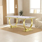 Mesa de comedor de oro cepillado con tablero de cristal de 78 pulgadas y base de barril cónico
