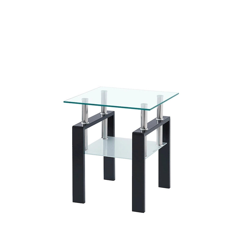 Mesa de centro de vidrio templado negro, mesa auxiliar de 2 niveles con almacenamiento