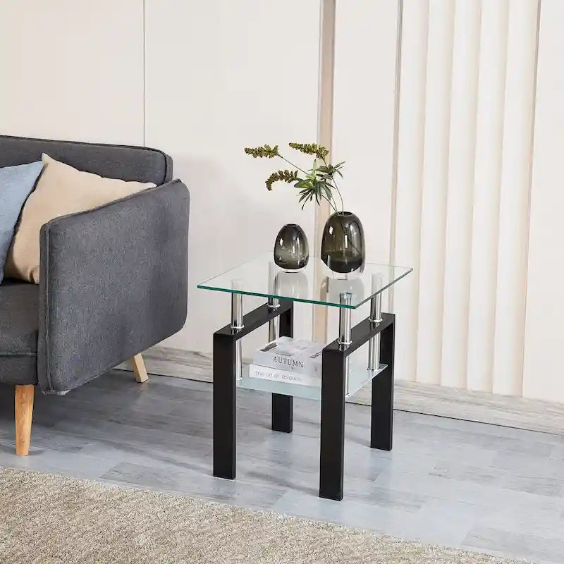 Mesa de centro de vidrio templado negro, mesa auxiliar de 2 niveles con almacenamiento
