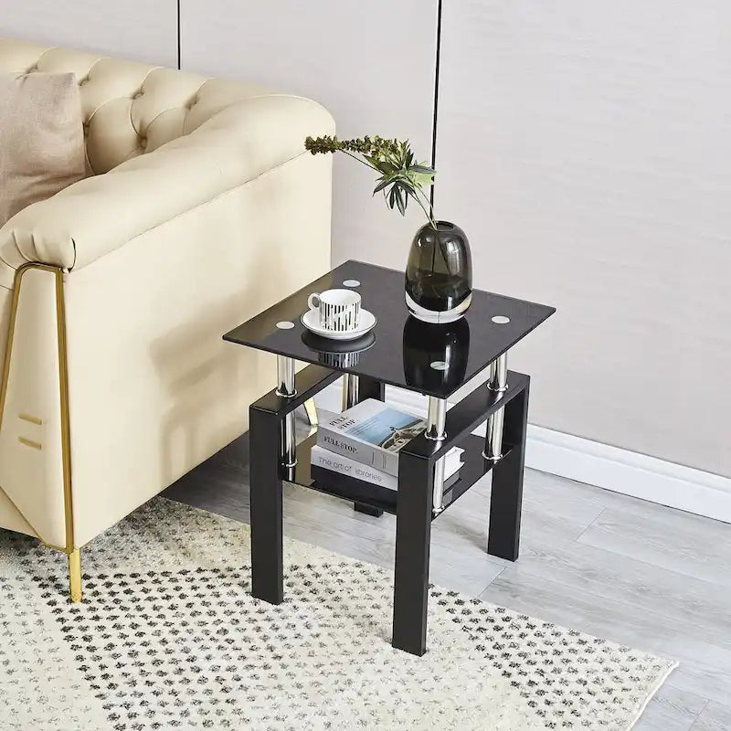 Mesa de centro de vidrio templado negro, mesa auxiliar de 2 niveles con almacenamiento