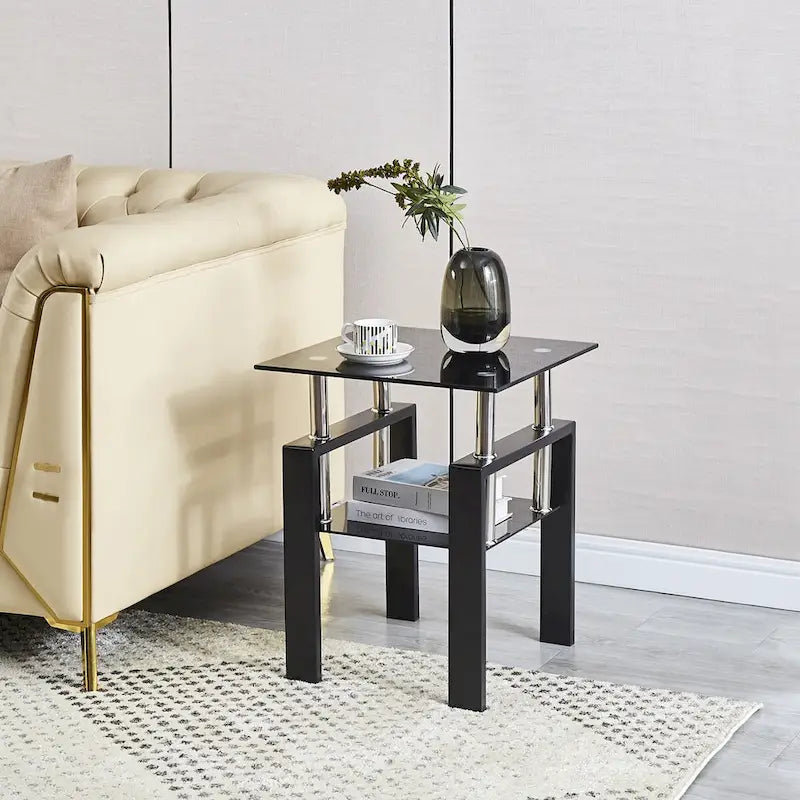 Mesa de centro de vidrio templado negro, mesa auxiliar de 2 niveles con almacenamiento