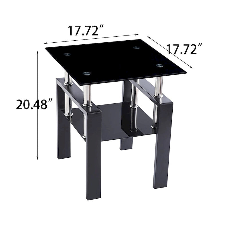 Mesa de centro de vidrio templado negro, mesa auxiliar de 2 niveles con almacenamiento