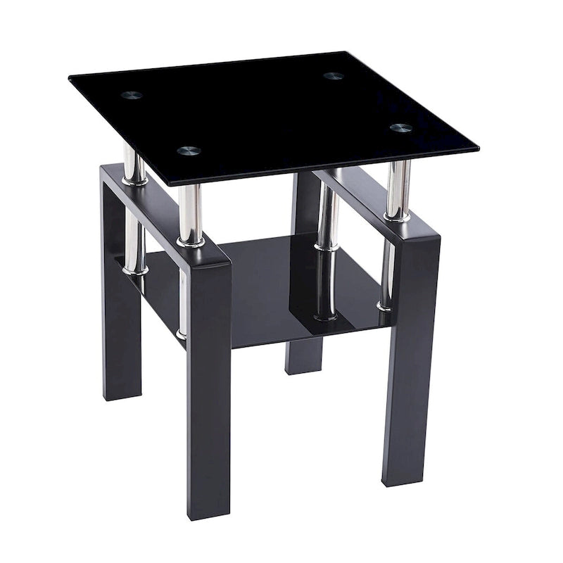 Mesa de centro de vidrio templado negro, mesa auxiliar de 2 niveles con almacenamiento