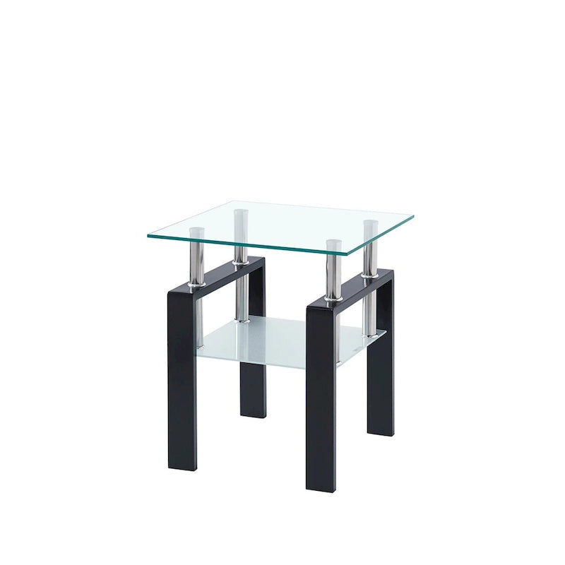 Mesa de centro de vidrio templado negro, mesa auxiliar de 2 niveles con almacenamiento