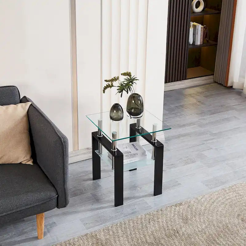 Mesa de centro de vidrio templado negro, mesa auxiliar de 2 niveles con almacenamiento