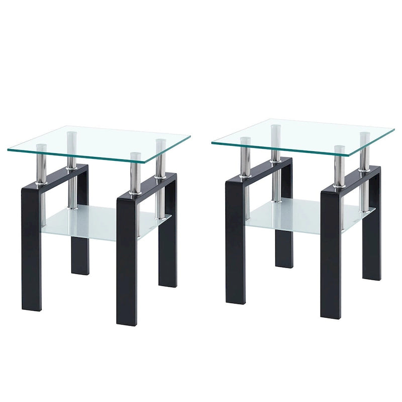 Mesa de centro de vidrio templado negro, mesa auxiliar de 2 niveles con almacenamiento