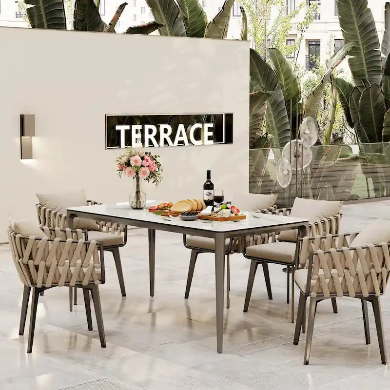 Mesa de comedor rectangular única de 63 con tapa de cristal templado de piedra sinterizada