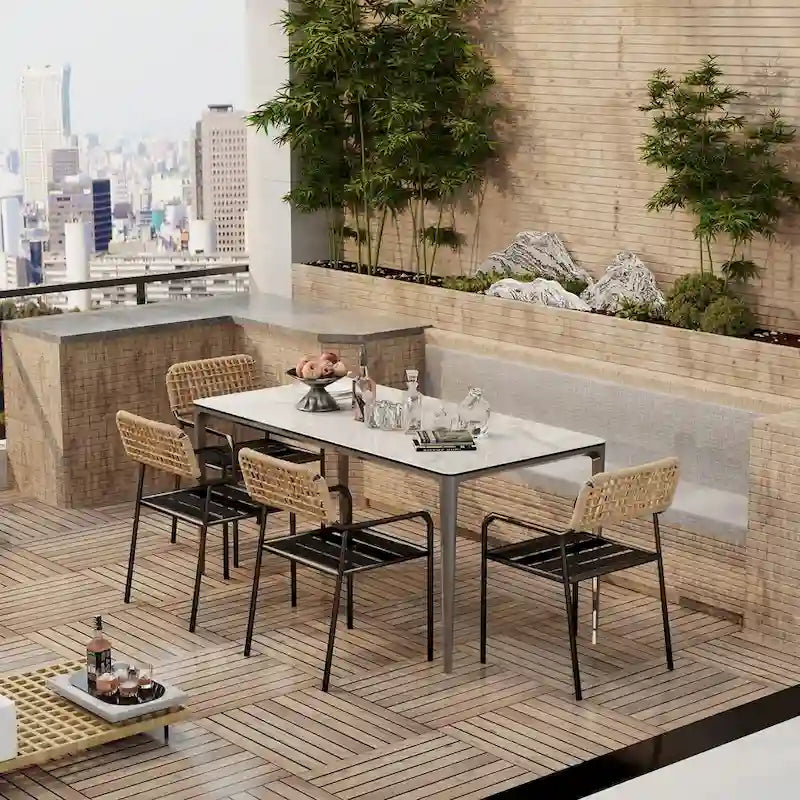 Mesa de comedor rectangular única de 63 con tapa de cristal templado de piedra sinterizada