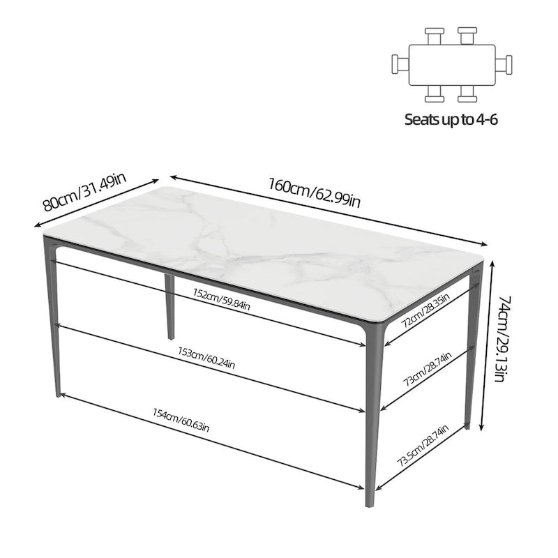 Mesa de comedor rectangular única de 63 con tapa de cristal templado de piedra sinterizada